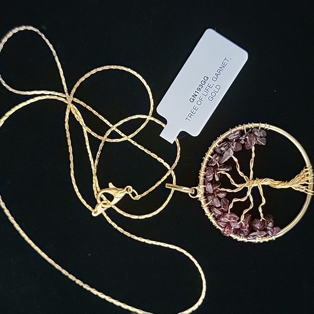 Tree of Life Pendant Necklace Garnet, Gold Tone